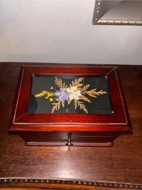 Wooden Jewelry Box with Pressed Floral Inlay